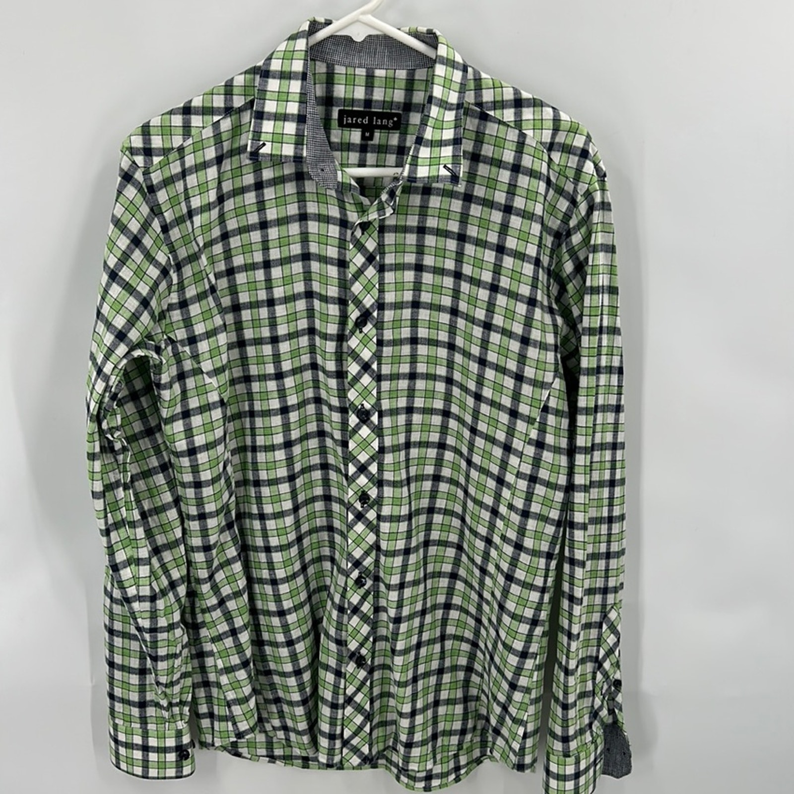 Jared Lang Men's Green & Navy Long Sleeve Woven Button Down Shirt Size Medium